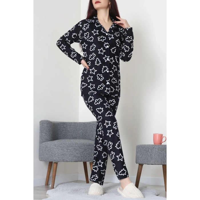 Süet Düğmeli Pijama Takımı Lacivert - 52171.1050.