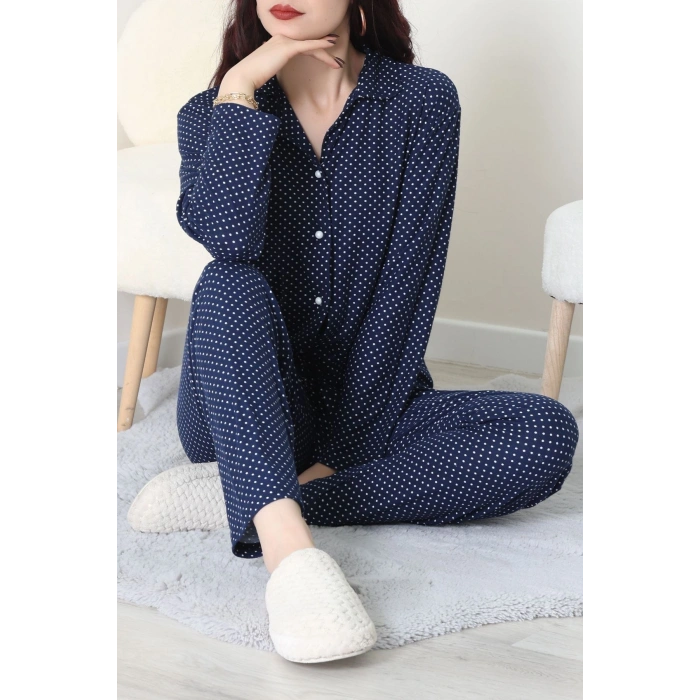 Süet Düğmeli Pijama Takımı Lacivert - 52179.2124.