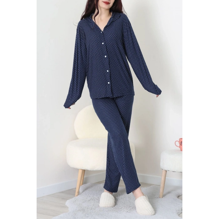 Süet Düğmeli Pijama Takımı Lacivert - 52179.2124.