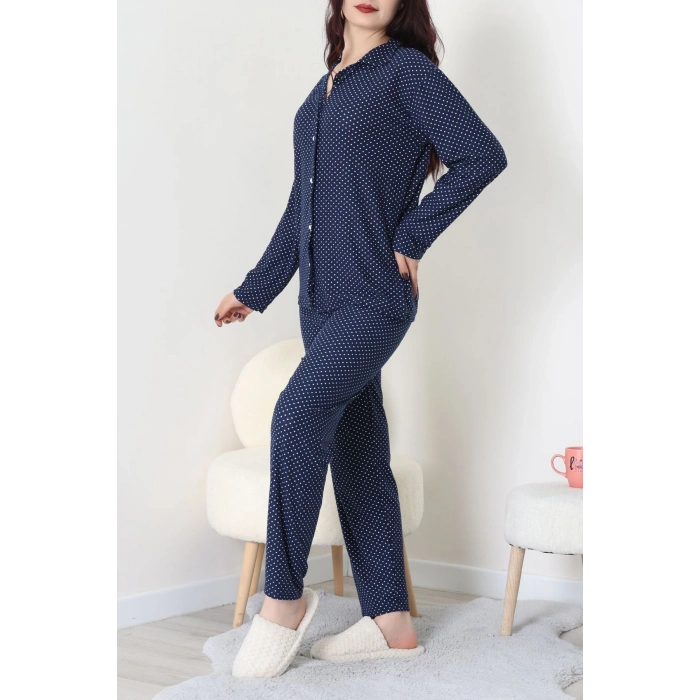 Süet Düğmeli Pijama Takımı Lacivert - 52179.2124.