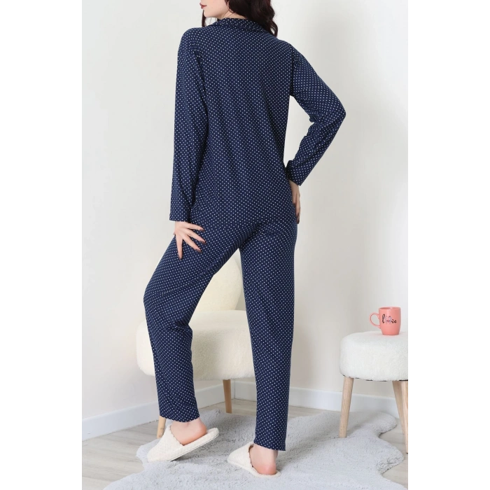 Süet Düğmeli Pijama Takımı Lacivert - 52179.2124.