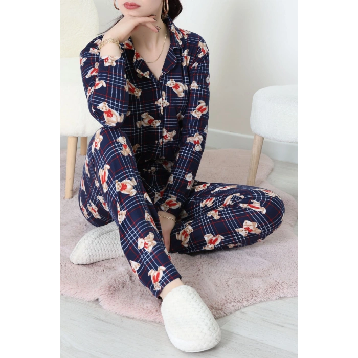 Süet Düğmeli Pijama Takımı Lacivertekose - 55014.1048.