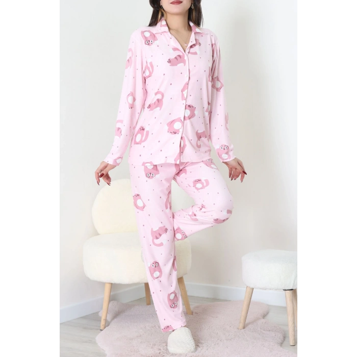 Süet Düğmeli Pijama Takımı Pembe - 31876.1049.