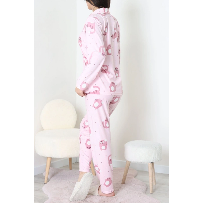 Süet Düğmeli Pijama Takımı Pembe - 31876.1049.