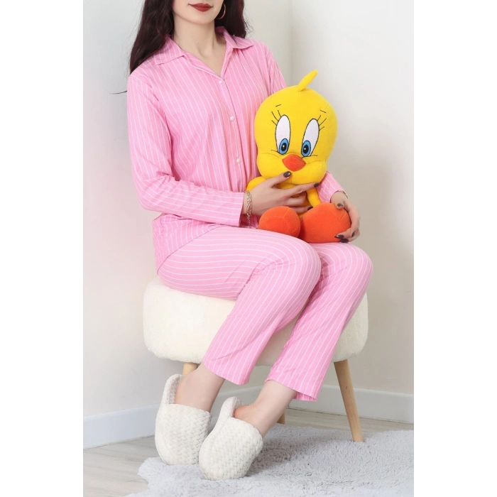 Süet Düğmeli Pijama Takımı Pembeçizgi - 52179.2124.