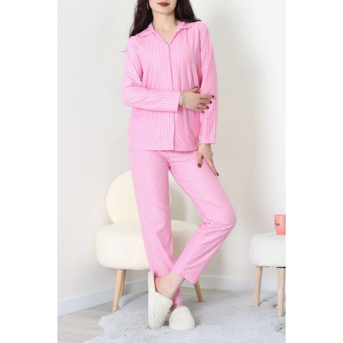 Süet Düğmeli Pijama Takımı Pembeçizgi - 52179.2124.