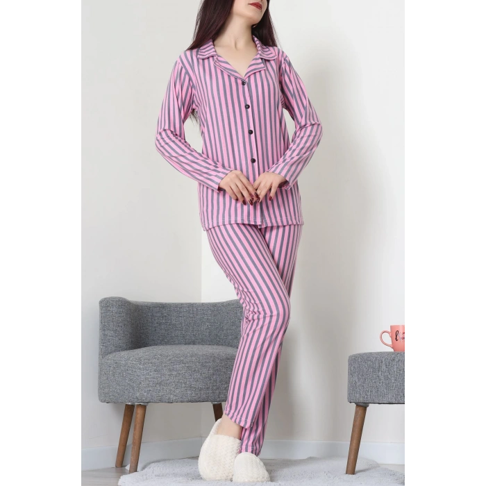 Süet Düğmeli Pijama Takımı Pembeçizgili - 52171.1050.
