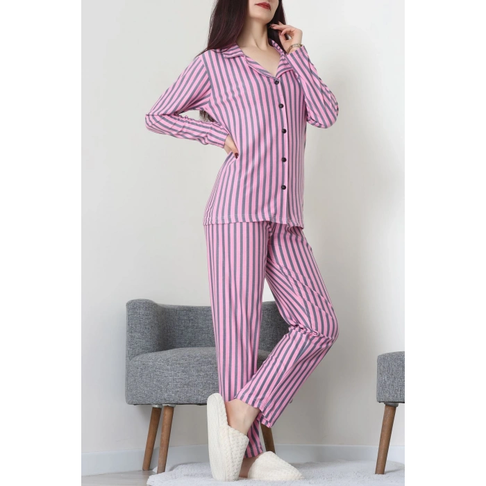 Süet Düğmeli Pijama Takımı Pembeçizgili - 52171.1050.