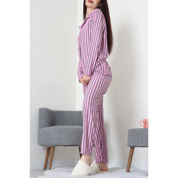 Süet Düğmeli Pijama Takımı Pembeçizgili - 52171.1050.