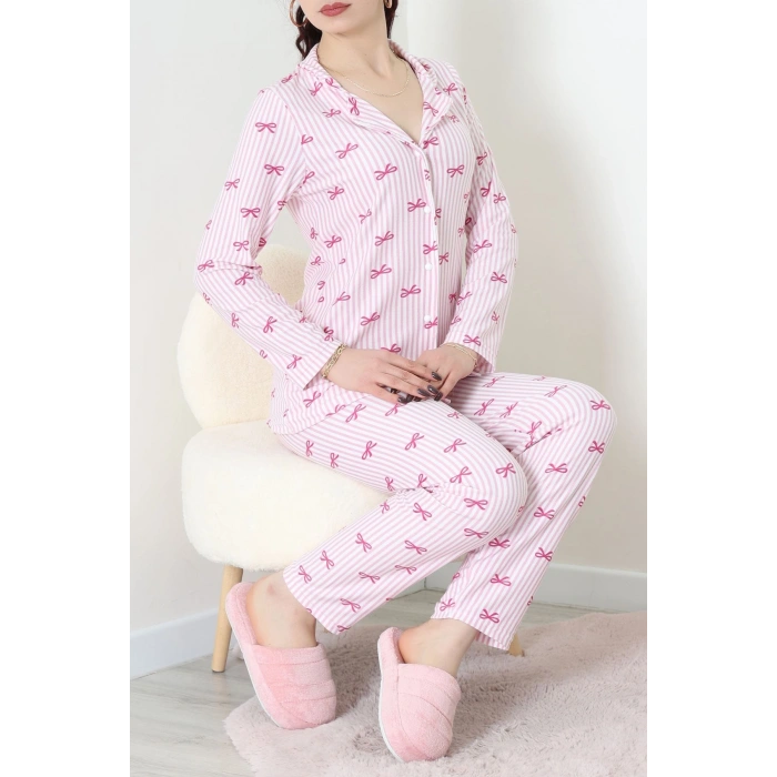Süet Düğmeli Pijama Takımı Pembeçizgili - 52199.1783.