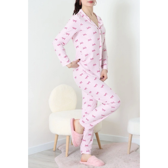 Süet Düğmeli Pijama Takımı Pembeçizgili - 52199.1783.