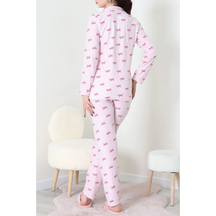 Süet Düğmeli Pijama Takımı Pembeçizgili - 52199.1783.