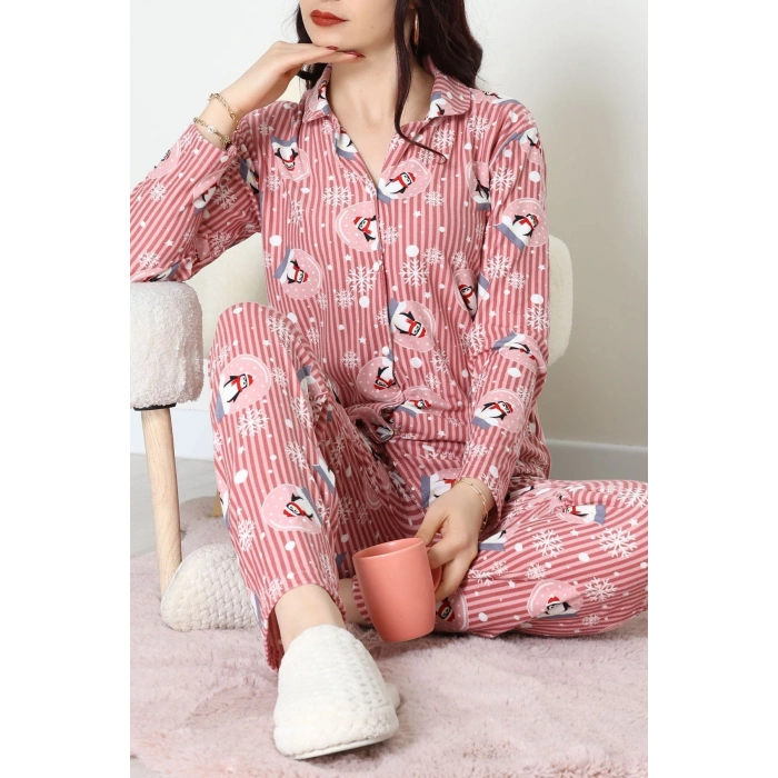 Süet Düğmeli Pijama Takımı Pembedesenli1 - 55014.1048.