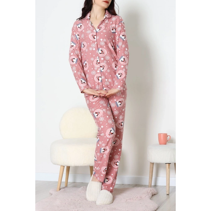 Süet Düğmeli Pijama Takımı Pembedesenli1 - 55014.1048.