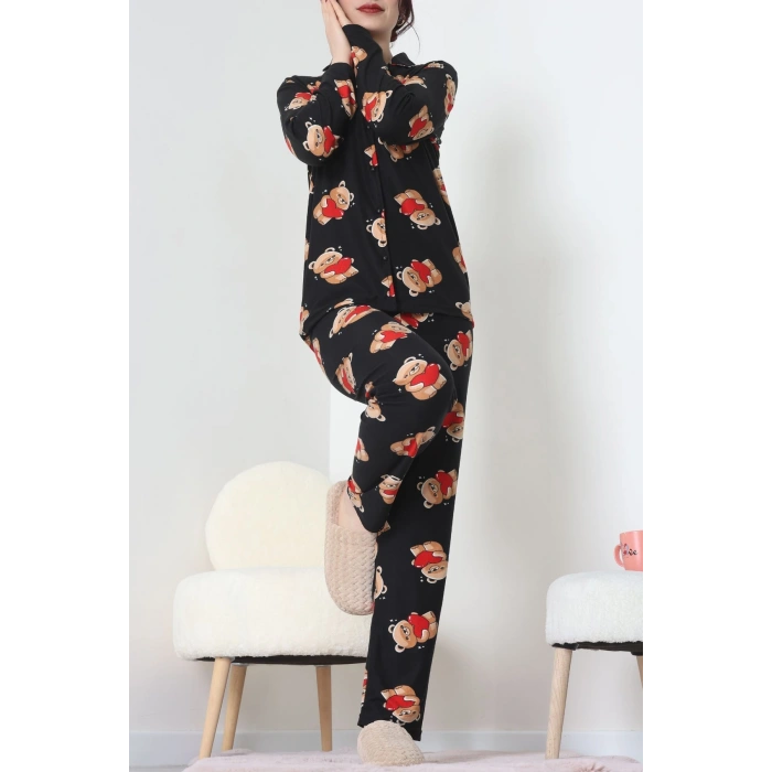 Süet Düğmeli Pijama Takımı Siyah - 55014.1048.