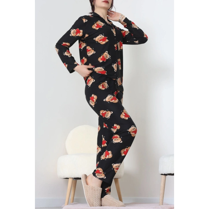 Süet Düğmeli Pijama Takımı Siyah - 55014.1048.