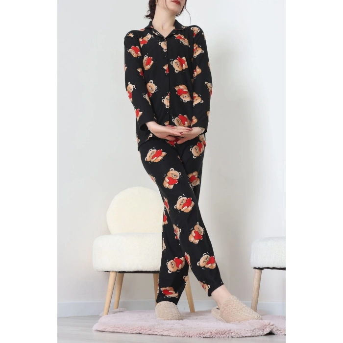 Süet Düğmeli Pijama Takımı Siyah - 55014.1048.