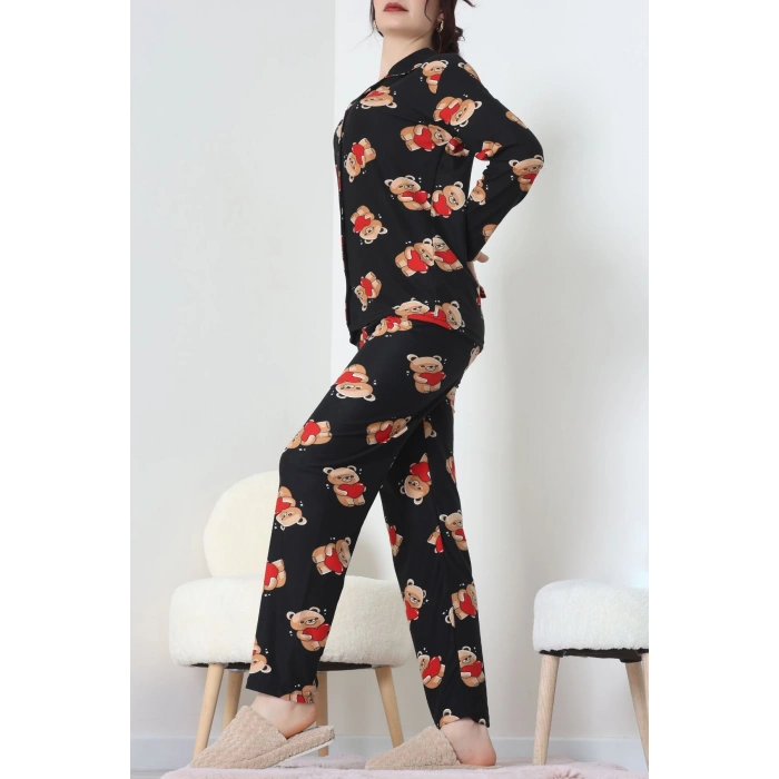 Süet Düğmeli Pijama Takımı Siyah - 55014.1048.