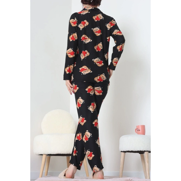 Süet Düğmeli Pijama Takımı Siyah - 55014.1048.
