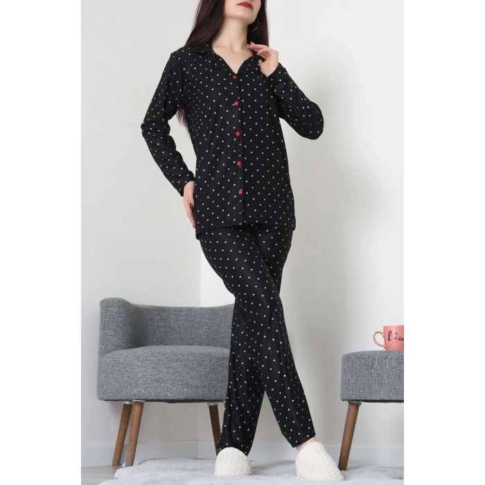 Süet Düğmeli Pijama Takımı Siyahyıldız - 52171.1050.