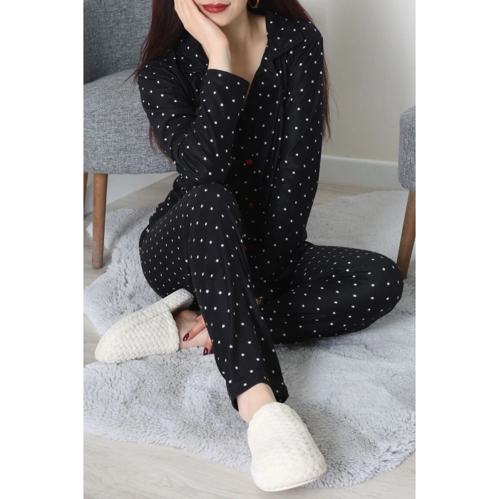 Süet Düğmeli Pijama Takımı Siyahyıldız - 52171.1050.