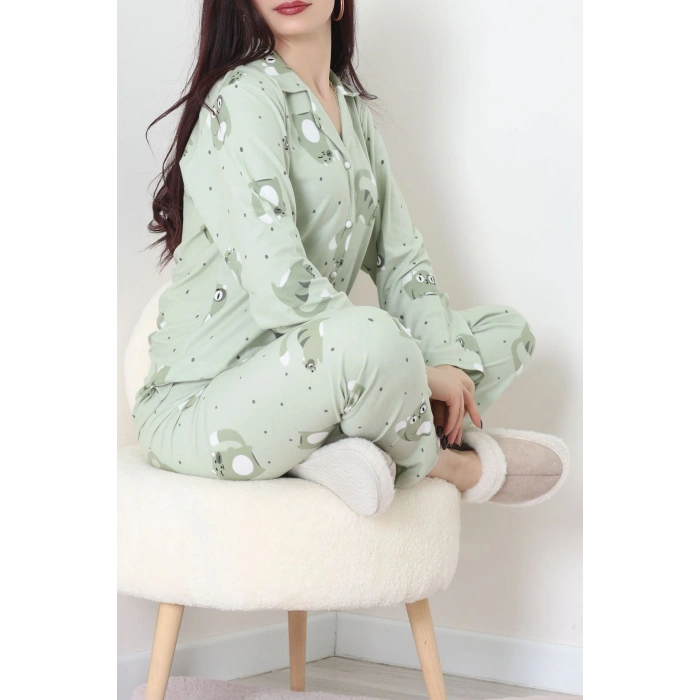 Süet Düğmeli Pijama Takımı Yeşil - 31876.1049.