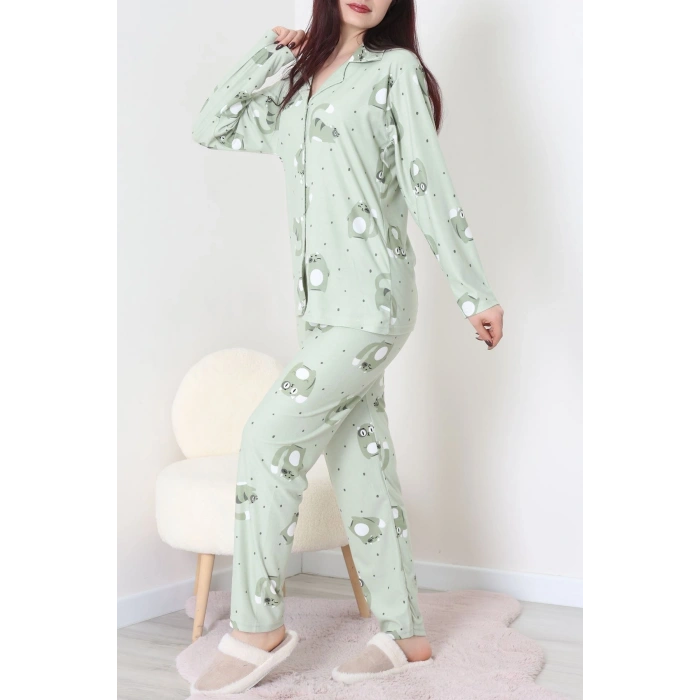 Süet Düğmeli Pijama Takımı Yeşil - 31876.1049.
