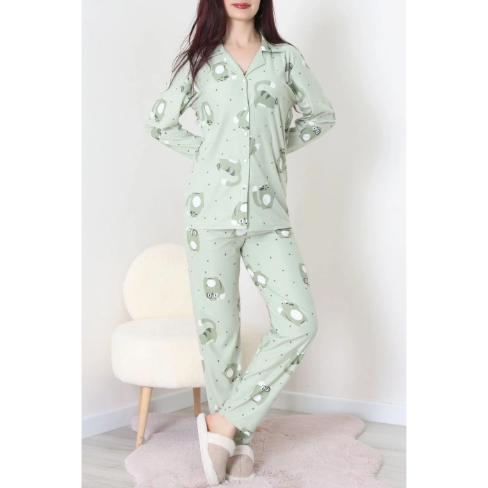 Süet Düğmeli Pijama Takımı Yeşil - 31876.1049.