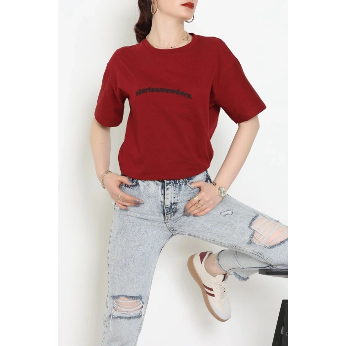 Suprem Baskılı Oversize Tişört Bordo - 31887.1878.