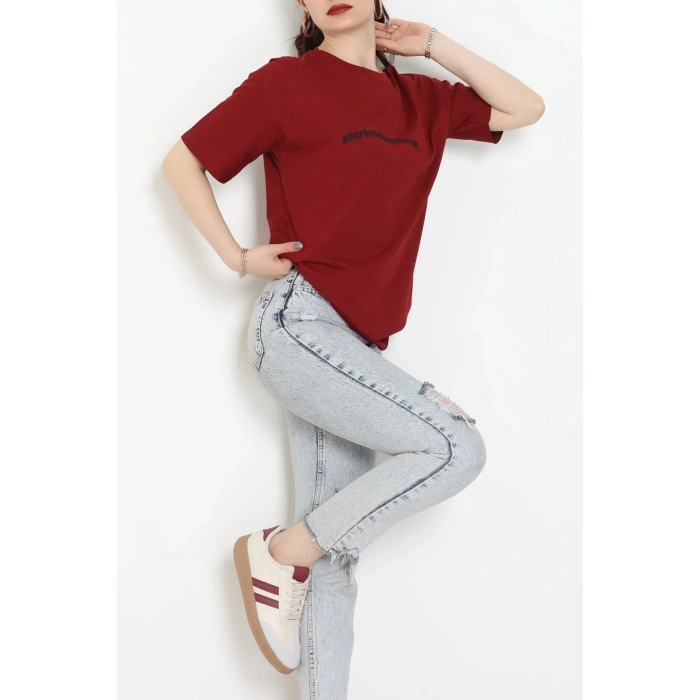 Suprem Baskılı Oversize Tişört Bordo - 31887.1878.