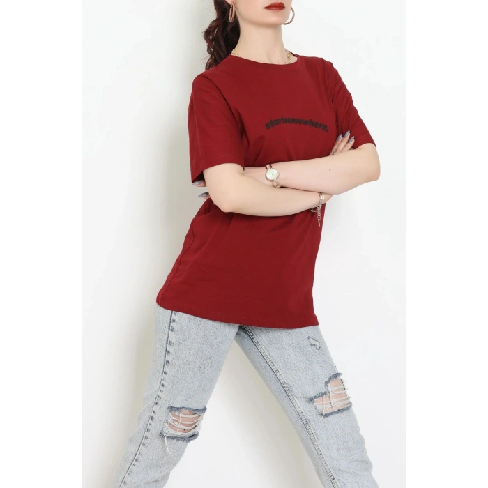 Suprem Baskılı Oversize Tişört Bordo - 31887.1878.