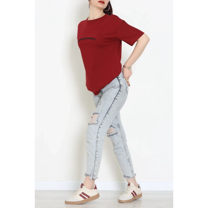 Suprem Baskılı Oversize Tişört Bordo - 31887.1878.