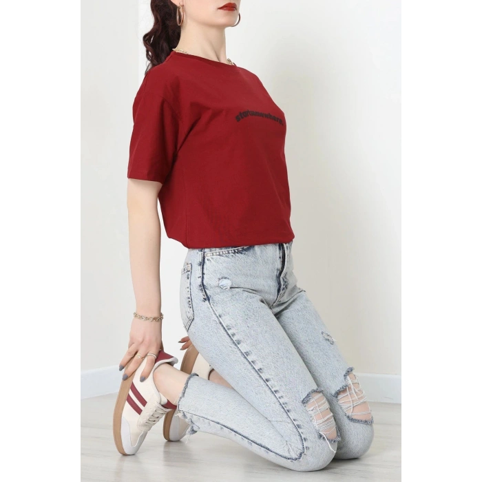 Suprem Baskılı Oversize Tişört Bordo - 31887.1878.
