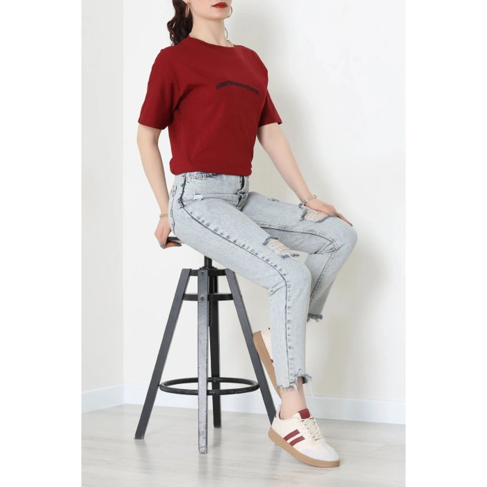 Suprem Baskılı Oversize Tişört Bordo - 31887.1878.