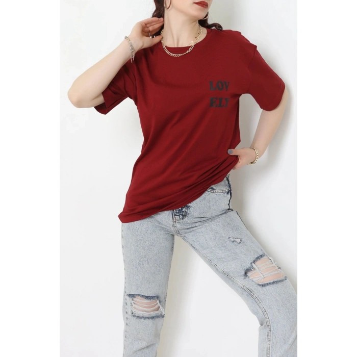 Suprem Baskılı Oversize Tişört Bordo - 31888.1878.