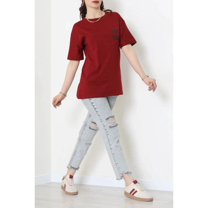 Suprem Baskılı Oversize Tişört Bordo - 31888.1878.