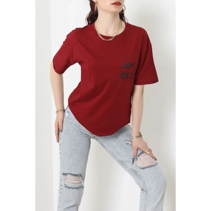 Suprem Baskılı Oversize Tişört Bordo - 31888.1878.