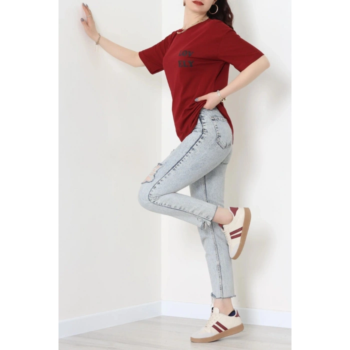 Suprem Baskılı Oversize Tişört Bordo - 31888.1878.