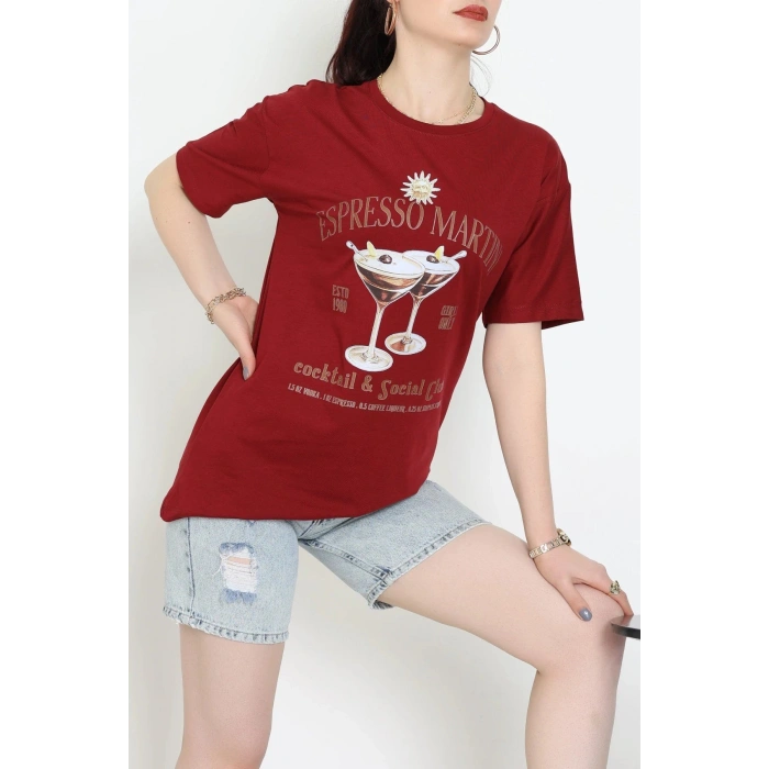 Suprem Baskılı Oversize Tişört Bordo - 31889.1878.
