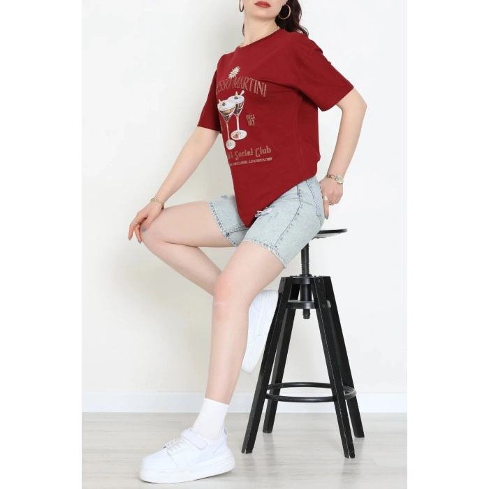 Suprem Baskılı Oversize Tişört Bordo - 31889.1878.