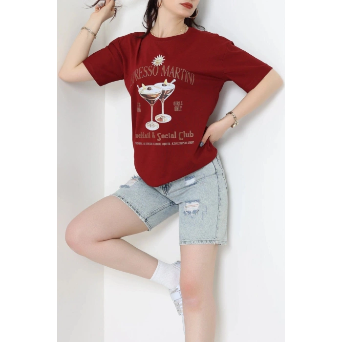 Suprem Baskılı Oversize Tişört Bordo - 31889.1878.