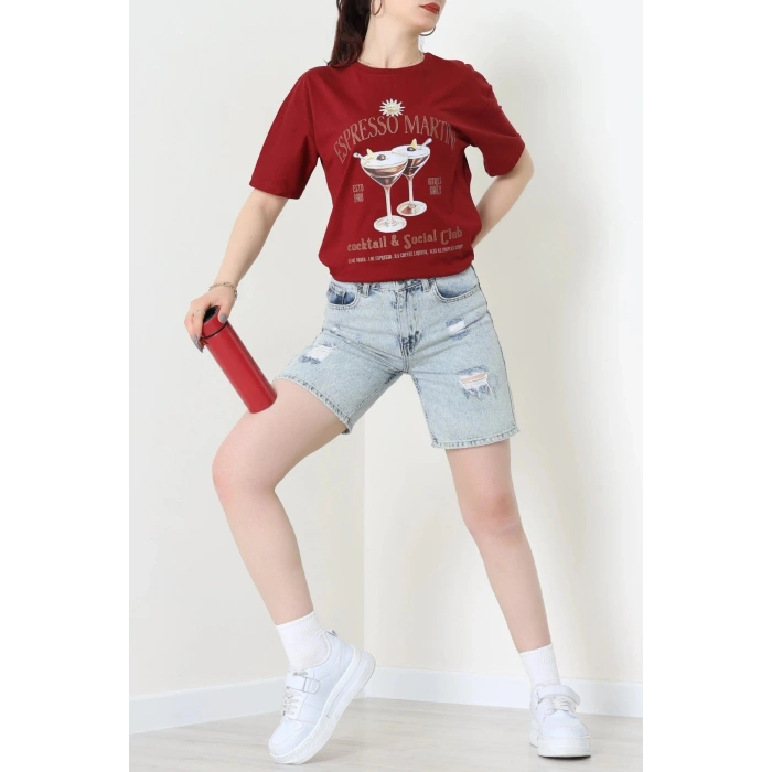 Suprem Baskılı Oversize Tişört Bordo - 31889.1878.