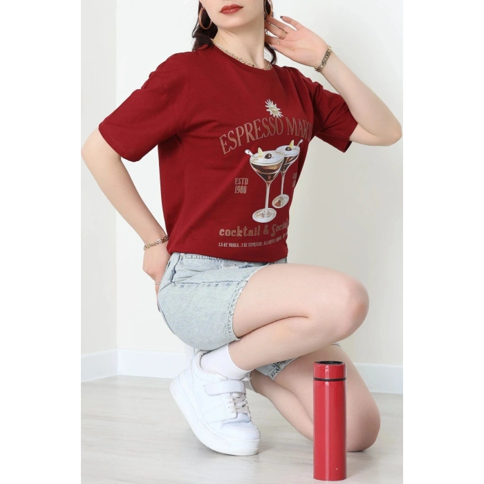 Suprem Baskılı Oversize Tişört Bordo - 31889.1878.