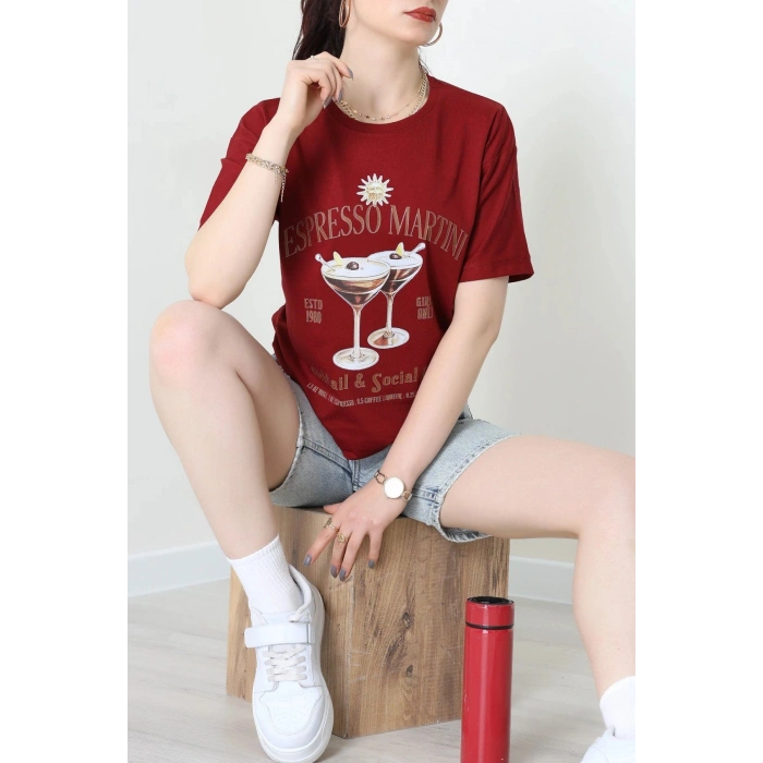Suprem Baskılı Oversize Tişört Bordo - 31889.1878.