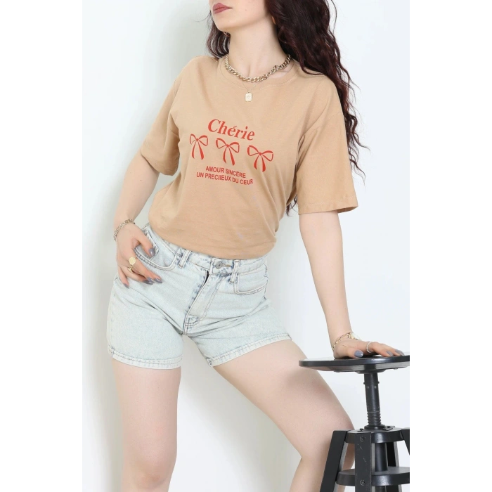 Suprem Baskılı Oversize Tişört Camel - 31883.1878.