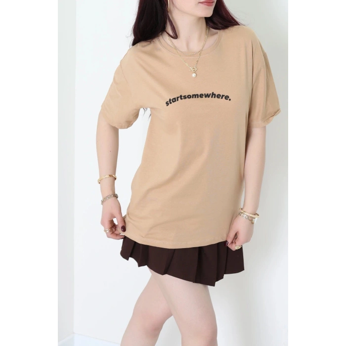 Suprem Baskılı Oversize Tişört Camel - 31887.1878.