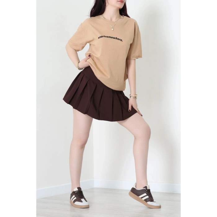 Suprem Baskılı Oversize Tişört Camel - 31887.1878.