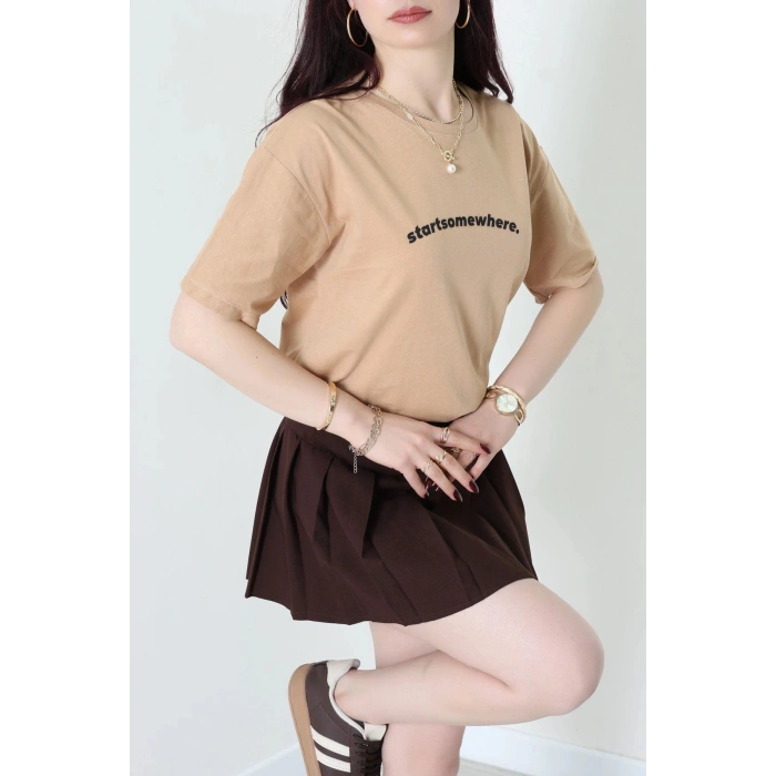 Suprem Baskılı Oversize Tişört Camel - 31887.1878.