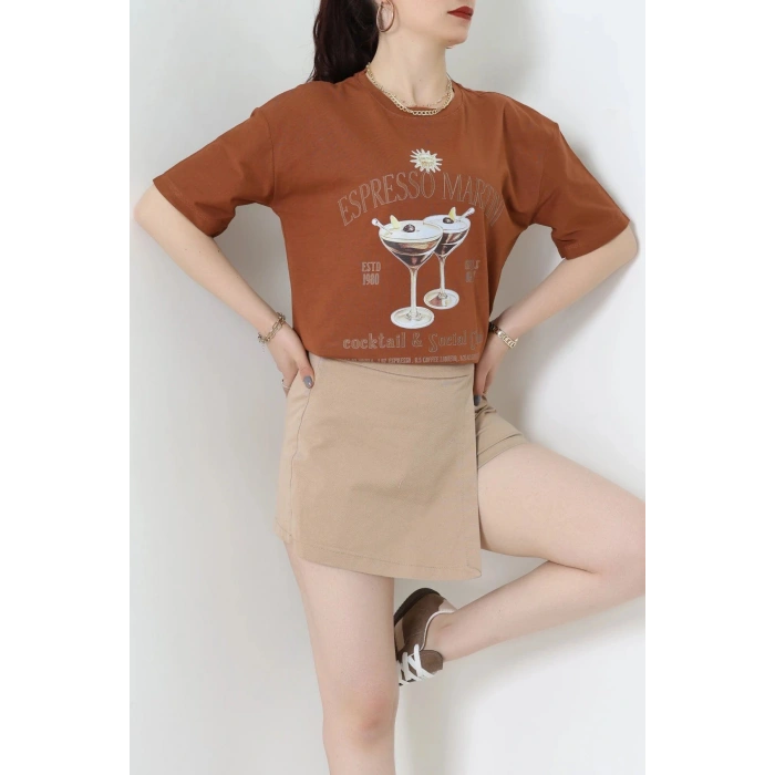 Suprem Baskılı Oversize Tişört Kiremit - 31889.1878.