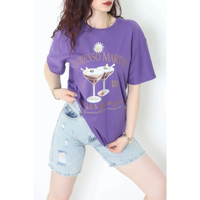 Suprem Baskılı Oversize Tişört Mor - 31889.1878.